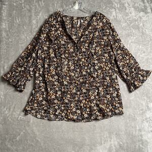 Cato Tunic Top Women’s 22/24W Boho Flowy Floral V Neck 3/4 Sleeve Plus Sheer